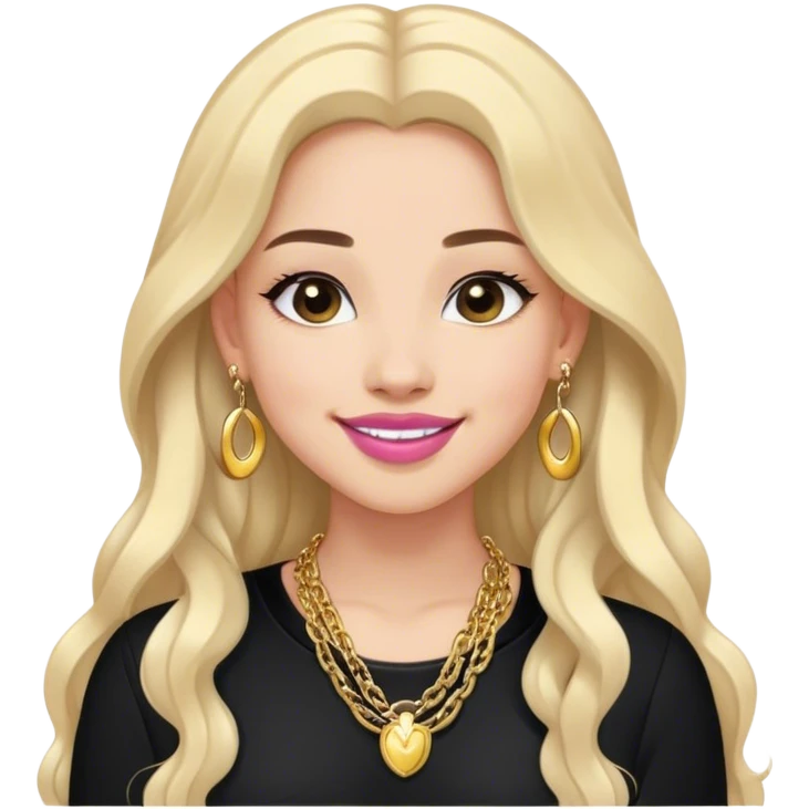 A little cool toned girl with black thick open long hair smiling and her lips should be a lil pink in a black outfit with gold top earrings and a gold chain emoji
