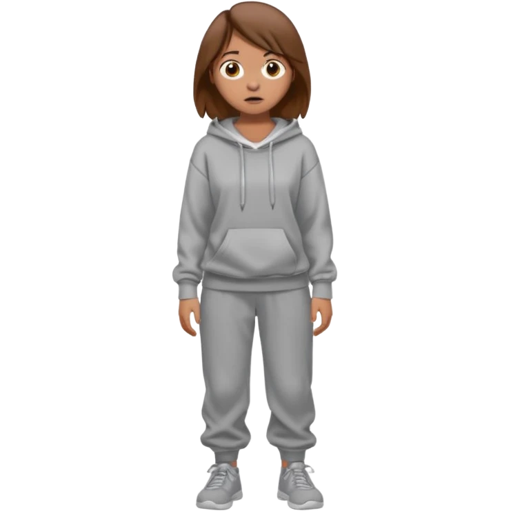 Chica grande  asustada de cuerpo completo mirado a la izquierda con pelo castaño pantalones baggy  grises y hoodie gris  emoji