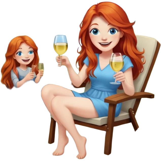 Laughing redhead with long hair and blue eyes holding white wine sitting in chair beside fire pit emoji