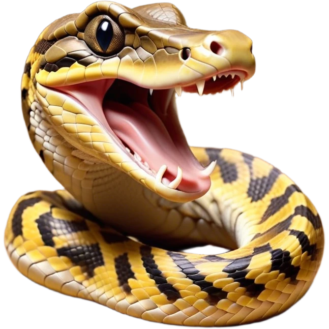 Cinematic Cute Yawning Python Portrait Emoji, Head tilted slightly with a dramatic, wide-open yawn, showcasing a sinuous, scaled form with drowsy, half-closed eyes and an open, relaxed mouth, Simplified yet irresistibly adorable features, highly detailed, glowing with a soft, cozy earthy glow, high shine, relaxed yet expressive, stylized with a dash of whimsical reptilian charm, soft glowing outline, capturing the essence of a drowsy yet affectionate python that appears ready to stretch out for a nap! emoji