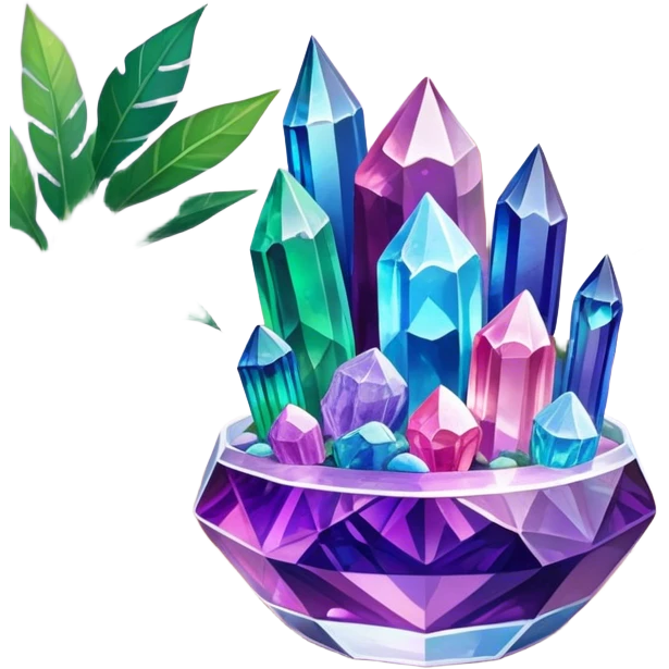 Close-up of vibrant, multicolored crystals growing in a glass container on a wooden table. Crystals in shades of purple, blue, green, pink, and clear are forming in various shapes and sizes. Soft light shines on them. Cozy indoor setting with plants and soft decor in the background. emoji