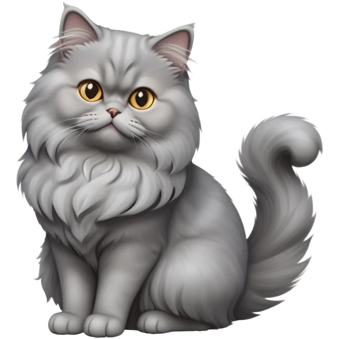 cinematic-[grey persian cat]-realistic-full-body-sitting-emoji,-tail-curled-playfully-around-its-paws,-head-tilted-dramatically,-fluffy-[grey]-fur,-simplified-yet-realistic-focused-features,-highly-detailed,-glowing-with-an-almost-sarcastic-glow emoji