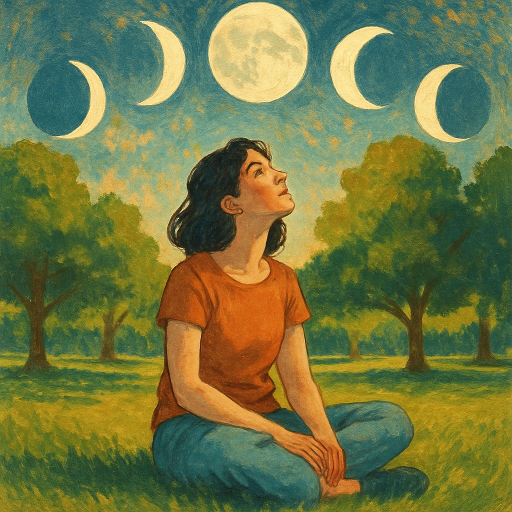 artistic illustration of a woman sitting on the grass in a park, looking up, surrounded by the moons of the 4 phases emoji