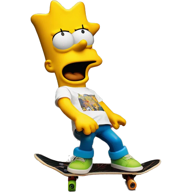 Bart Simpson, skateboard under his arm, poses in front of a graffiti-covered wall. He's giving the camera a playful smirk emoji