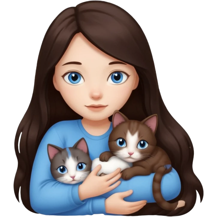 a pretty girl with long dark 
brown hair, with blue eyes, hugs 3 different natural coloured small cats emoji