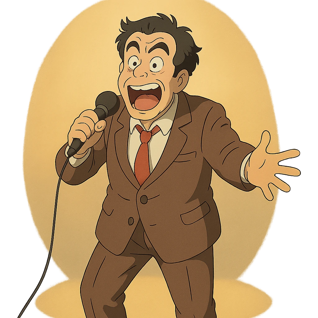 ghibli style comedian performing with expressive face and spotlight emoji