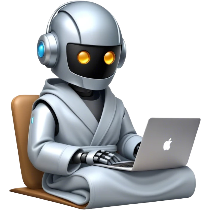 An emoji of a remote-working robot, sitting comfortably with coffee and laptop wrapped in a cozy bathrobe. The robot's head resembles a sleek, futuristic helmet with a smooth, reflective surface. Its eyes are not human-like but rather glowing digital slits or circular LED indicators. emoji