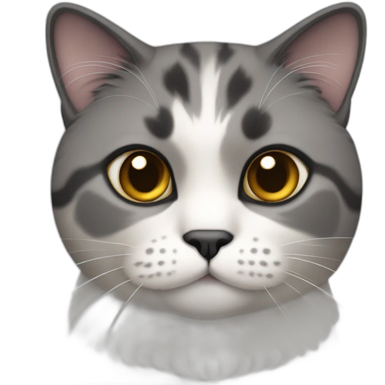 senior chubby diluted calico cat, grey bottom-chin, black nose, grey ears, grey and white emoji