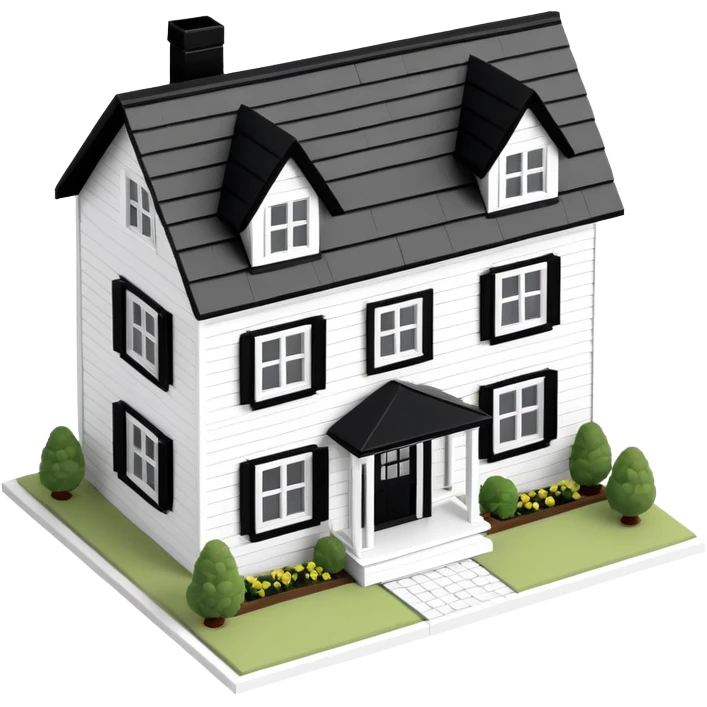 modern farmhouse dollhouse, 3d isometric, white with black trim emoji
