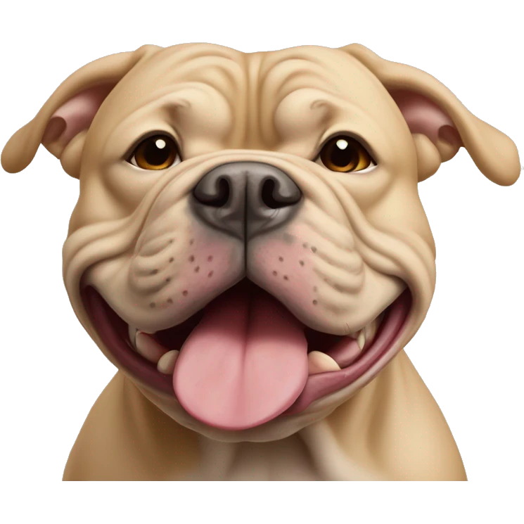 Beige American xl bully with stocky head cropped ears and tongue sticking out  emoji