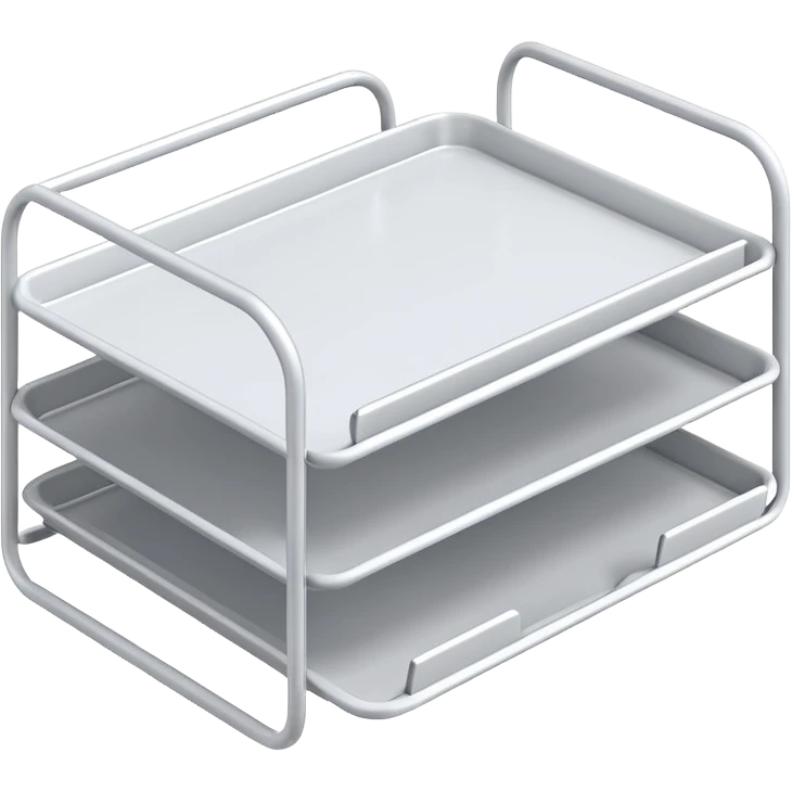 A minimal, clean emoji-style illustration of a white metal desk paper organizer tray, shown in slight isometric view so its structure is readable at a small scale. The organizer is rectangular with rounded corners, made of thin white metal wires, forming two to three stacked horizontal slots.
 emoji