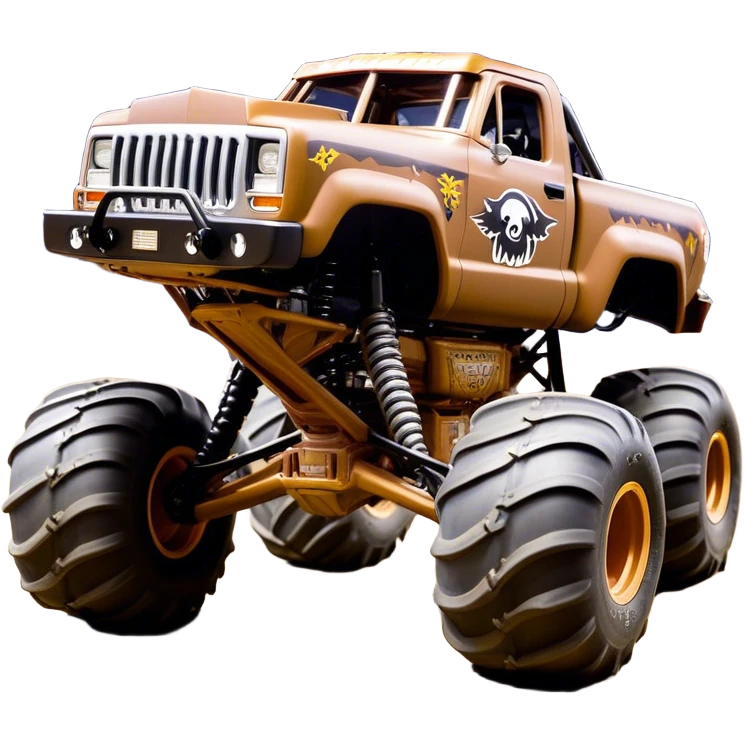 Monster Mutt - Monster Jam (Model Year: 2021) (Iconic colour: Brown with dog features) - A unique monster truck with playful, dog-inspired design cues. The vehicle is painted in warm brown tones and features subtle dog motifs (such as a stylized snout or ear shapes). It should blend the rugged power of a monster truck with quirky, endearing canine features. emoji