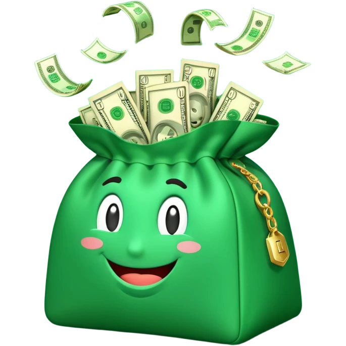 

3D emoji style, big bag of money, flying dollar bills, rich casino vibe, smooth lighting, high detail, clean edges, transparent background



 emoji