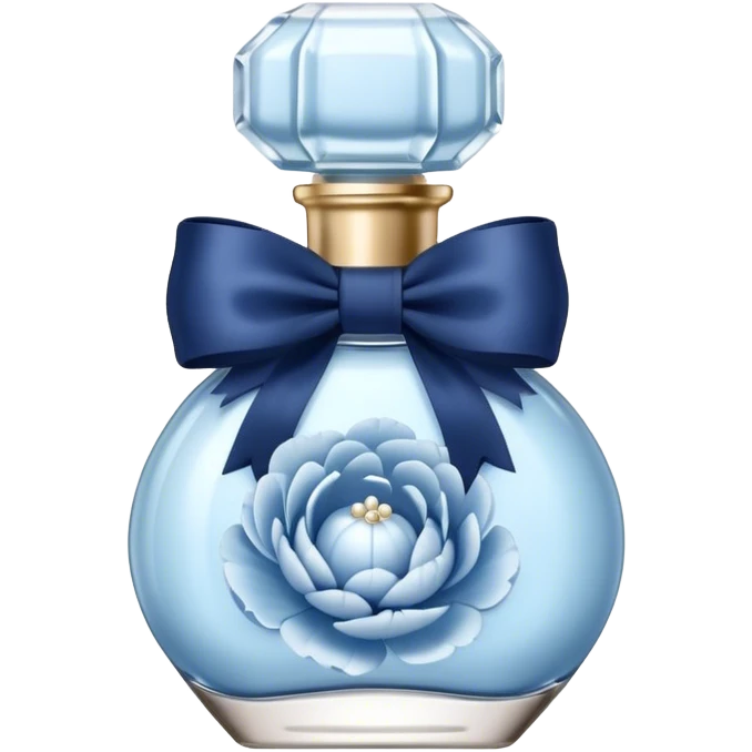 pearl blue vintage style perfume bottle and navy colored peonies and a powder blue bow emoji