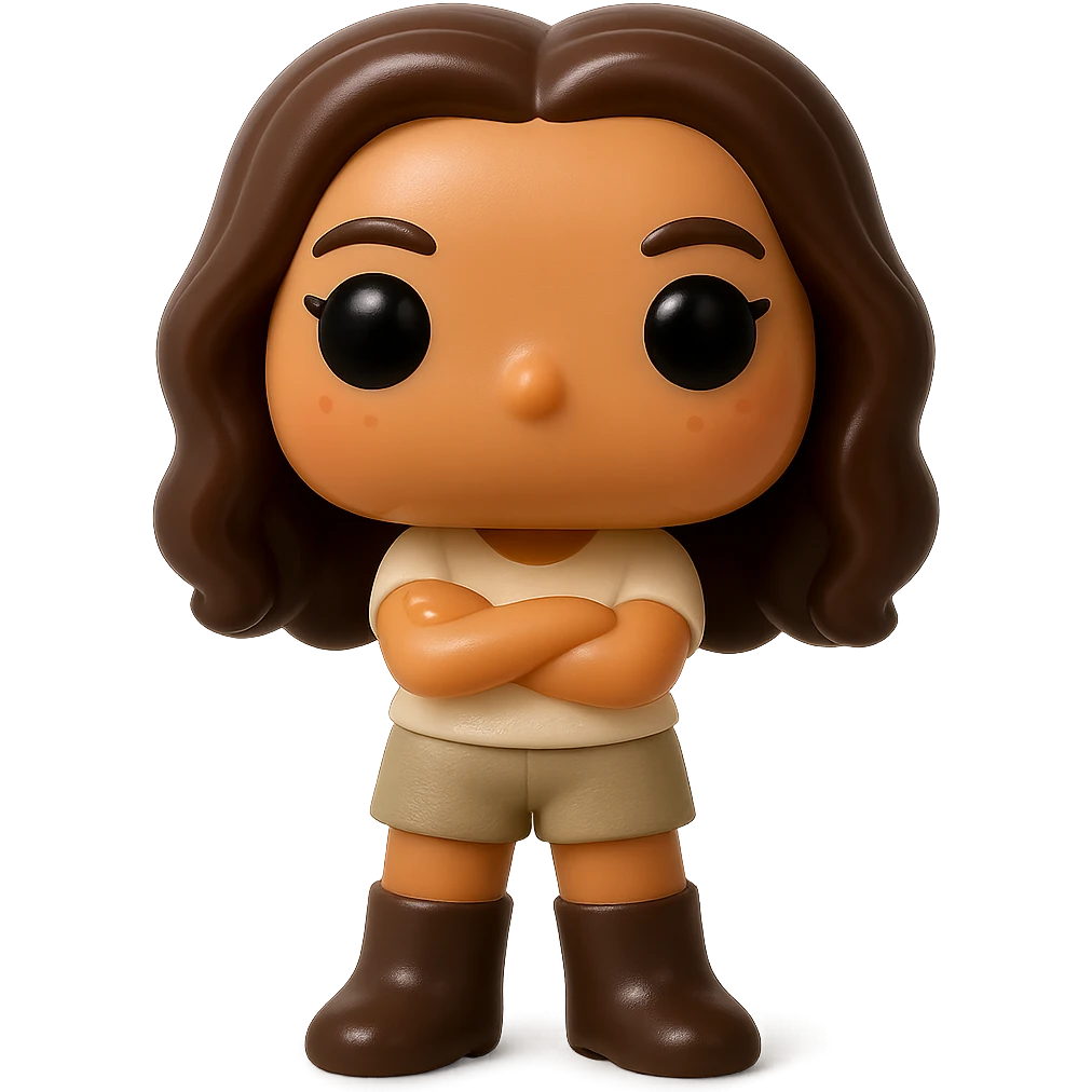 Enhance the Funko Pop style vinyl figure with superior quality, smooth tanned skin, detailed dark auburn hair, textured clothing including a cream top and greige bottoms, and dark greige leather boots clearly visible. The figure has arms crossed, rosy cheeks, very discreet freckles, and a mischievous and cheerful expression with no mouth. Transparent background. emoji