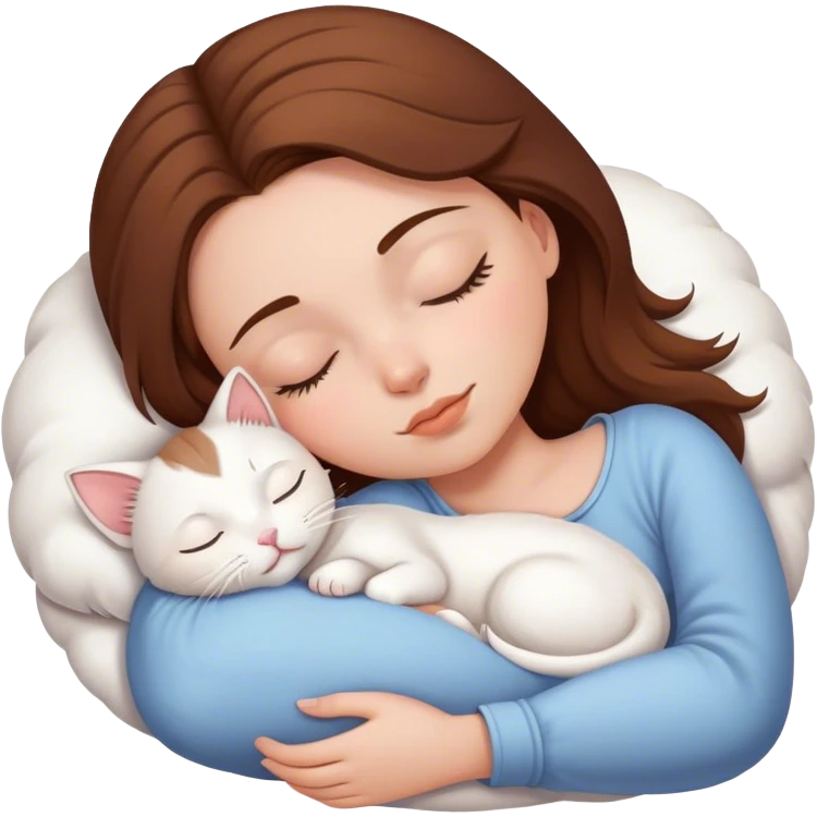 White girl brown hair sleeping with white kitty emoji