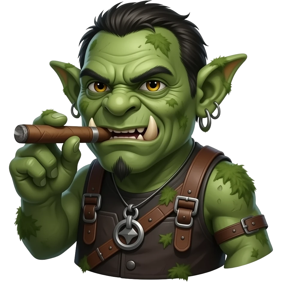 A dark green troll that smokes a cigar. With smoke hanging around him Fantasy emoji
