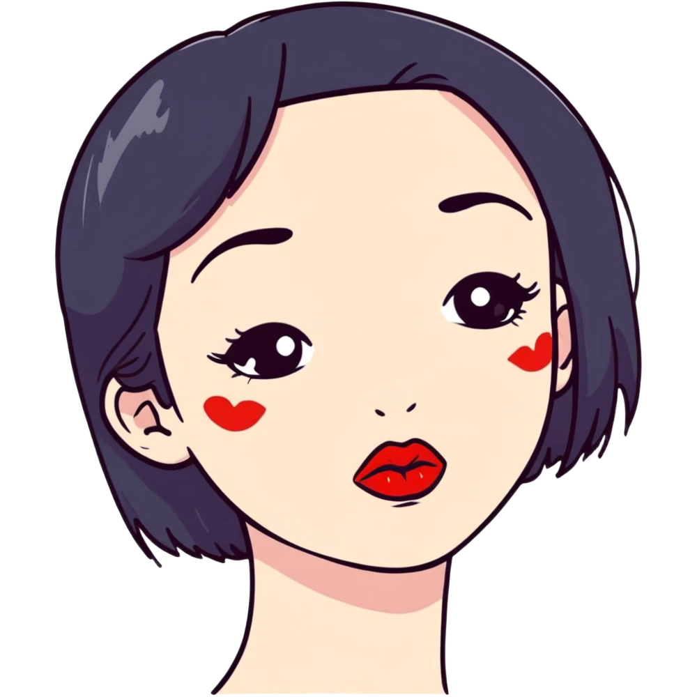 Cute girl with black hair and red lipstick kiss marks on her face emoji