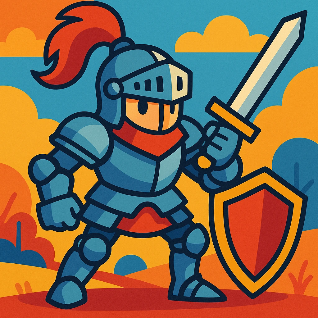 knight in armor with sword, vibrant cartoon style emoji