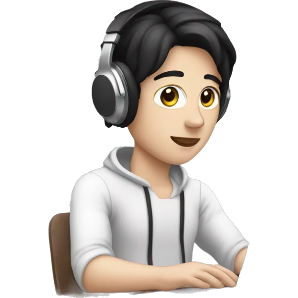 A white skinned person with black hair and brown eyes editing videos on laptop with headphones emoji