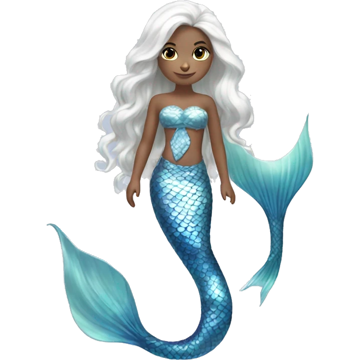 Iridescent silver mermaid tail full body blue eyes almond skin girl long white hair emoji