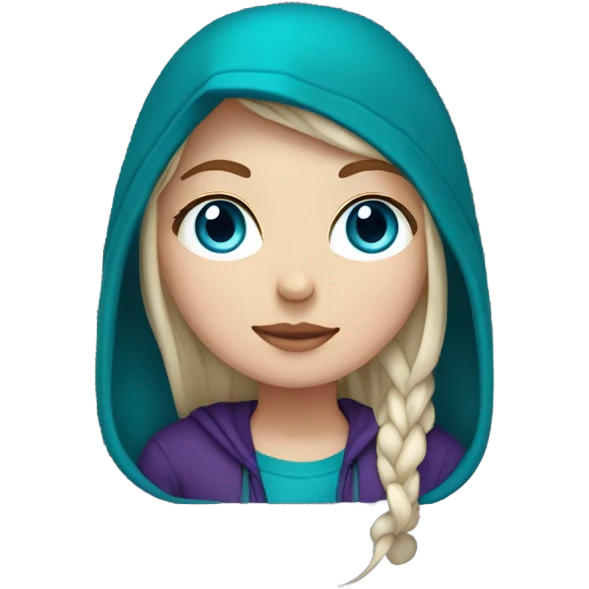 White girl, blue eyes, long teal hair, purple beanie hat, black hoodie emoji