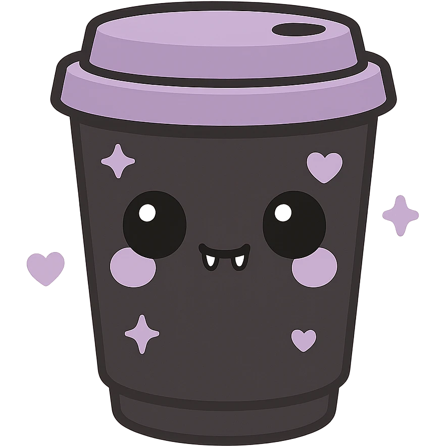 kawaii style gothic mocha, cute face, black takeaway cup, purple heart and star decorations, tiny fangs, fun and gothic emoji