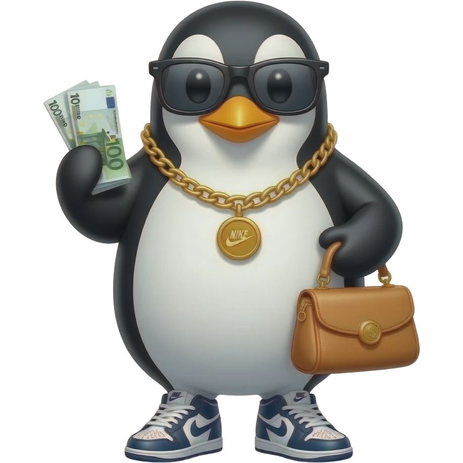 Bana bir gözlük takmış elinde püssürü euro parası olan ve altın zincir takmış nike ayakkıbı giymiş bir penguen emoji yap emoji