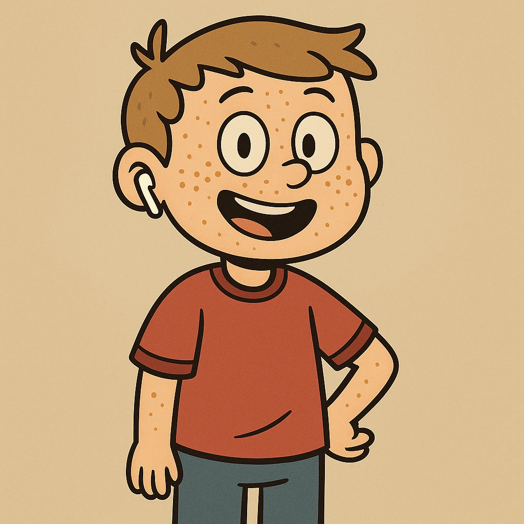 Add freckles to the boy's face and one AirPod in his right ear, keep the cartoon style consistent with flat toon style. emoji