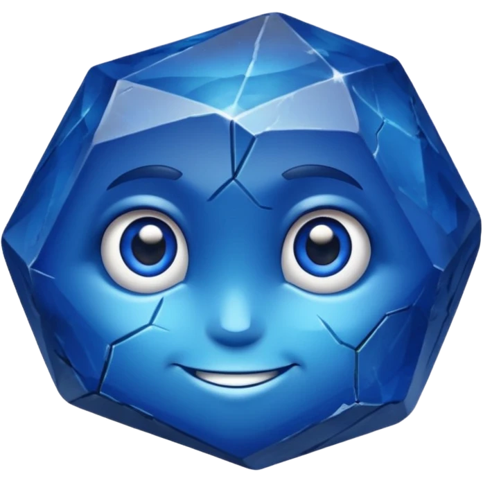 A single sapphire-blue faceted rock head, chunky and worn, with a few visible cracks and chipped facets but still shiny, big kind eyes and a confident smile, 3 emoji