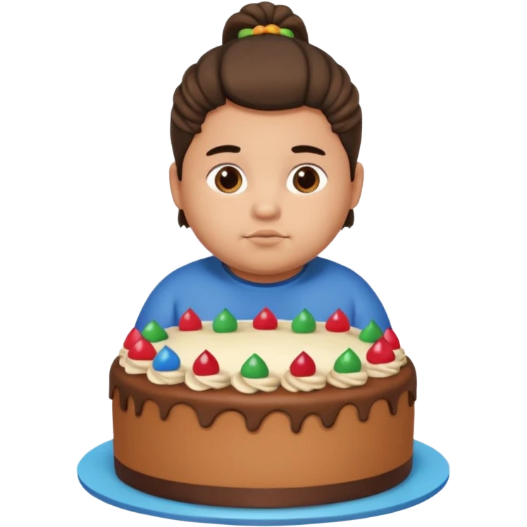 chubby mexican boy with pony tail sitting inside of a cake emoji