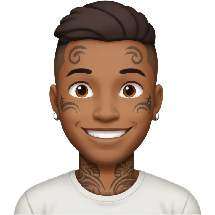 black man with face tattoos, smiling, wearing a t-shirt emoji