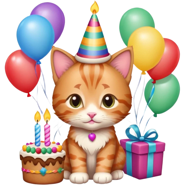 Ginger tabby kitten celebrates birthday, birthday hat, birthday cake, one candle, balloons, happy, gifts emoji
