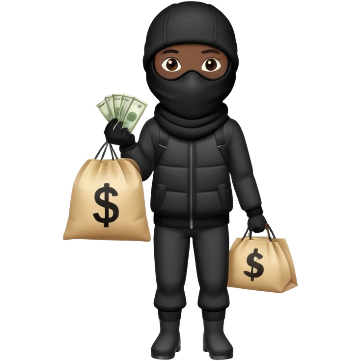 Black Ski mask holding bags of money with  skin color black emoji
