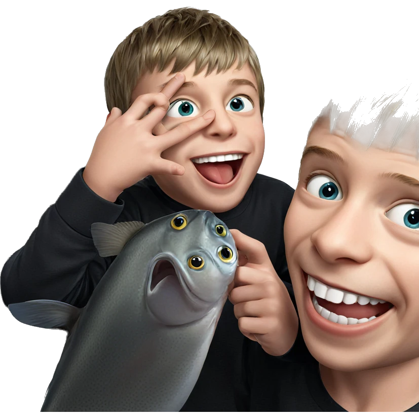 boys smiling with fish emoji