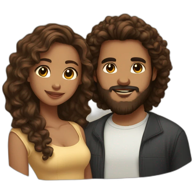 light brown skin girl with long curly brown hair and her boyfriend with light skin and black beard emoji