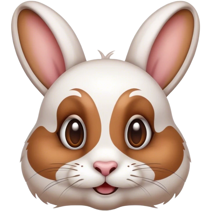 Cinematic Comical White and Brown Rabbit Portrait Emoji, Head tilted dramatically with an exaggeratedly amused expression, featuring a striking fur with a playful mix of white and brown patches, wide, expressive eyes filled with playful disbelief, Simplified yet hilariously expressive features, highly detailed, glowing with a slightly sassy glow, high shine, dramatic yet playful, stylized with an air of cheeky mischief, bright and endearing, soft glowing outline, capturing the essence of a spirited and over-the-top bunny, so meme-worthy it feels like it could side-eye its way into internet fame instantly! emoji