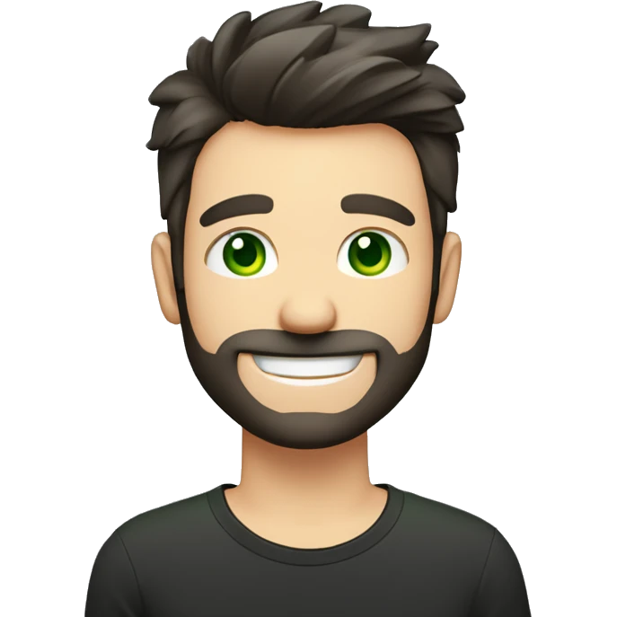 Handsome man with dark hair, gradient short hair on the side, green eyes. Big smile and thin face. Black t-shirt. A little beard. The man have to got an letter card next to his face emoji
