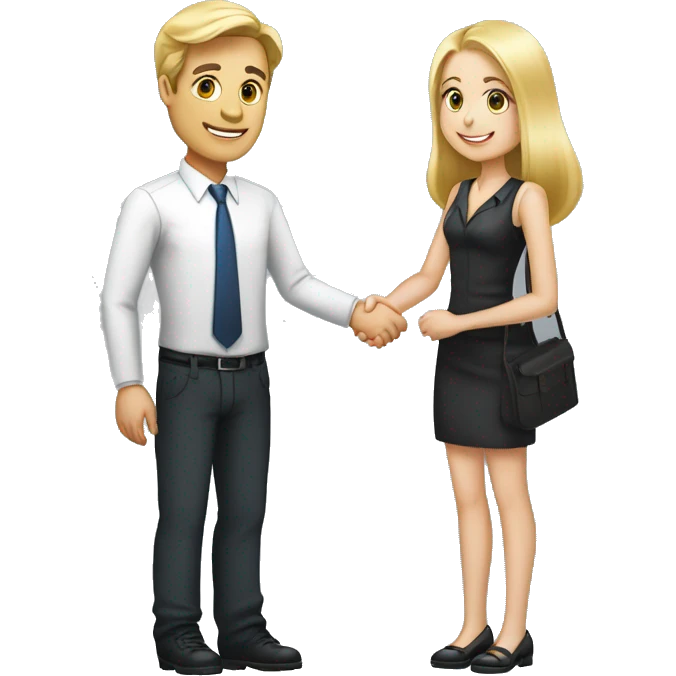 A 40-year-old fair-skinned businessman shakes hands with an 18-year-old fair-skinned blonde girl, full-length emoji emoji