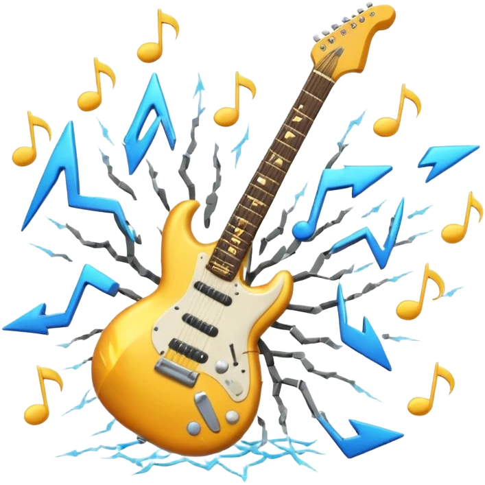 A 3D Apple-style emoji of a bold “ROCK” text written in shiny metallic letters, with an electric guitar leaning on the text, surrounded by small music notes and lightning bolts, energetic and powerful rock music vibe emoji