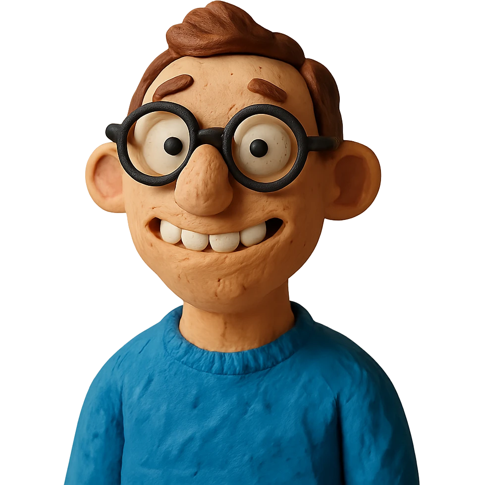 claymation style dorky character with glasses and awkward smile emoji