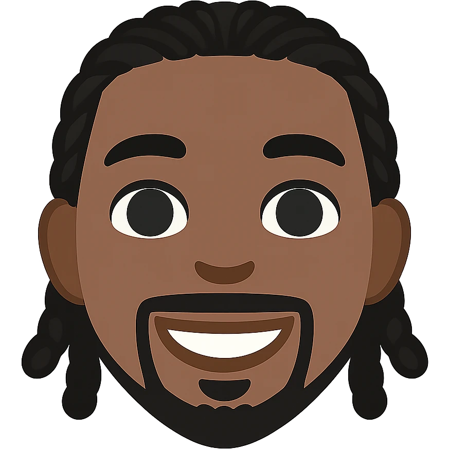 Transform this portrait into a simple and expressive emoji style with a smiling face, black skin tone, and transparent background. The style should resemble an emoji look while keeping the expression clear and friendly. emoji