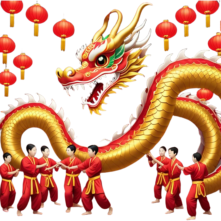 Cinematic Realistic scene of a traditional Chinese Dragon Dance featuring a team of performers skillfully manipulating a colossal, flexible dragon puppet, its intricately detailed, vibrant scales and flowing, embroidered fabric catching the light, set against a festive backdrop of red lanterns and dynamic red-tinged lighting that accentuates the majestic presence of the dragon puppet. emoji