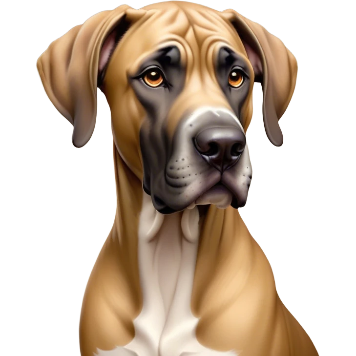 Cinematic Noble Fawn Great Dane Portrait Emoji, Poised and regal, with a towering, muscular build and a sleek, well-groomed solid fawn Fur accented by subtle dark markings, deep-set soulful amber eyes, Simplified yet sharp and sophisticated features, highly detailed, glowing with a soft, dignified glow, high shine, intelligent and gentle, stylized with an air of majesty, focused and attentive, soft glowing outline, capturing the essence of a watchful and confident guardian, so majestic it feels as though it could stride out of the screen with effortless authority! emoji