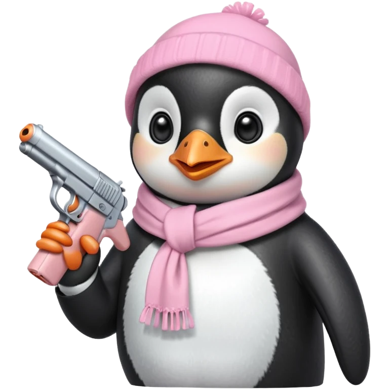 cute penguin wearing light pink bow scarf and holding light pink gun  emoji