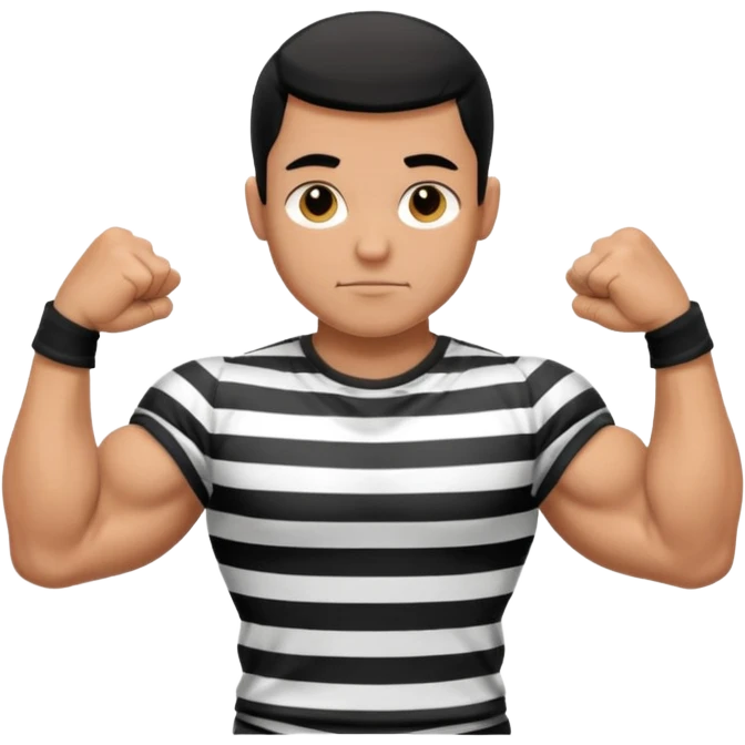 Prisoner with prison black and white striped tshirt flexing biceps emoji