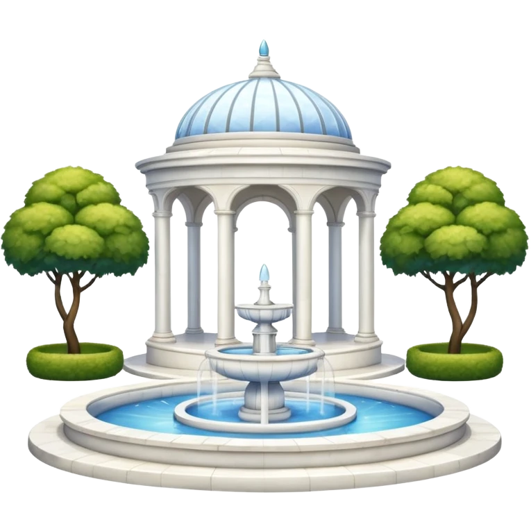 White luxurious expensive shiny new brilliant gorgeous marble pavilion  with benches and a garden and a marble fountain  emoji
