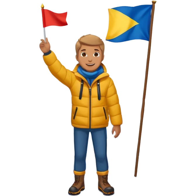cheerful man stands on a mountain with some snow, waving a flag, the mountain is visible under his feet emoji