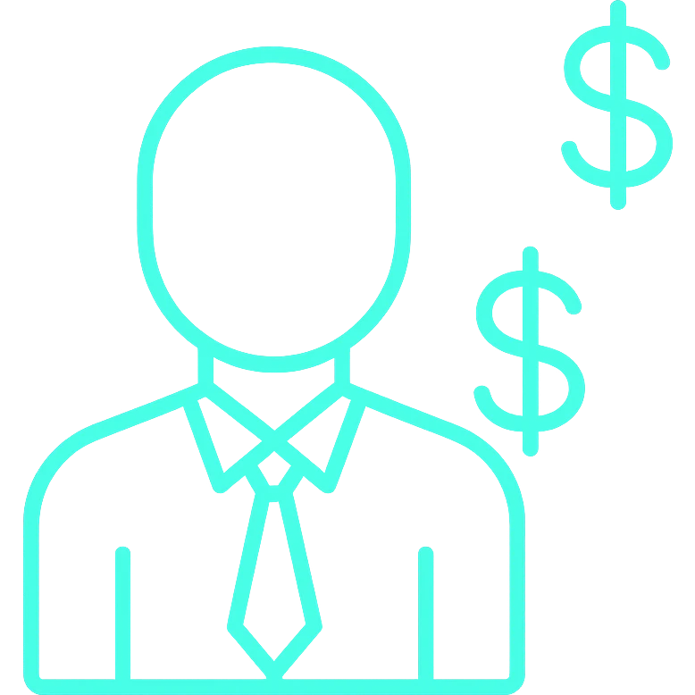 minimalist neon icon of a trader with dollar signs, color #0BD794, glowing outline emoji