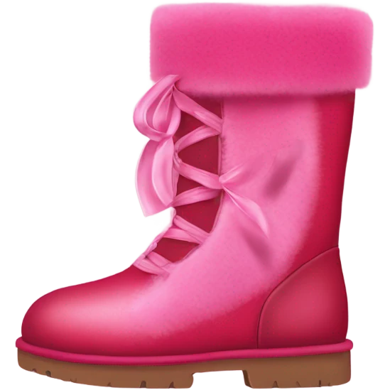 Realistic isolated pair of tall Red Ugg Fur Boots laced up with pink silk ribbon bows and hot pink and light pink heart shaped patches on them. emoji